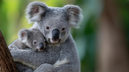 Obraz premium Close-up of a koala and her cub in a forest setting, wildlife family concept, Australian animal photography, mother and baby koala, defocused background, with copy space