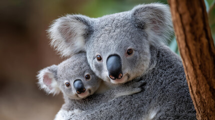 Naklejka premium Close-up of a koala and her cub in a forest setting, wildlife family concept, Australian animal photography, mother and baby koala, defocused background, with copy space