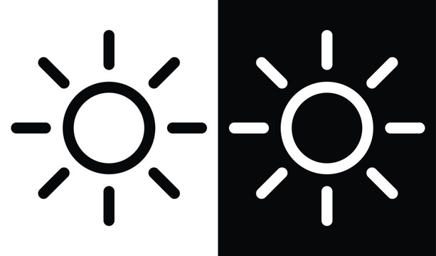 Brightness and Light Mode Sun Icon Set for UI UX Design, Contrast Control Symbol, Day Night Theme Toggle, Circular Sun Ray Settings Icon for Web and Mobile Interface Vector Illustration.