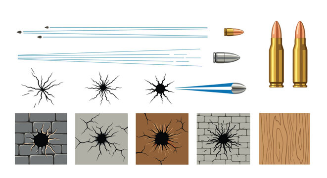 Detailed assortment of bullet hole effects, flying bullets, and impact cracks on various surfaces for video game development and graphic design.