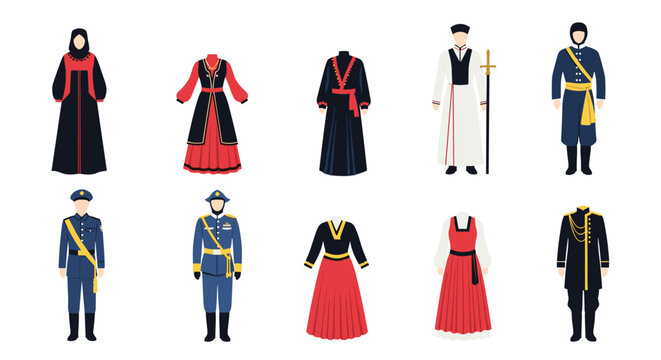 Comprehensive collection of traditional ethnic costumes and military uniforms from various cultures and historical periods for educational use.