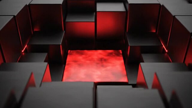 Futuristic Abstract Black 3d Cubes Animation With Glowing Red Light And Rising Square Block In Dark Grid Environment