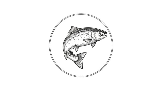 Hand drawn illustration of a jumping salmon fish in a circle. EPS Editable. Vector Illustrations.