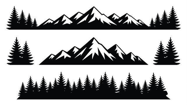 black silhouettes of mountains and pine trees on white background