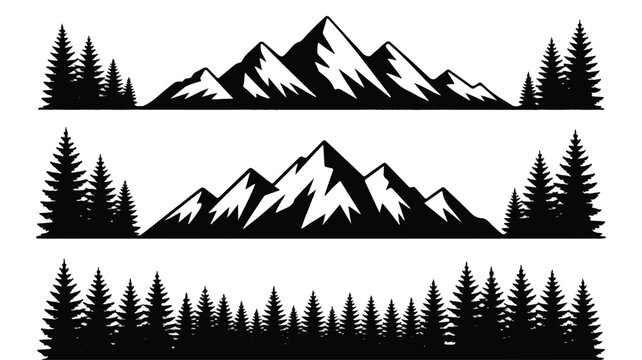 black silhouettes of mountains and pine trees on white background