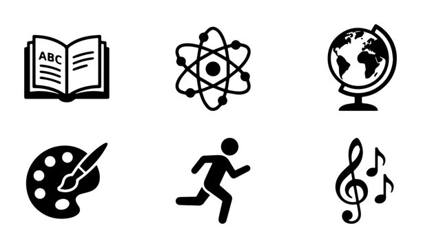 Minimalist education icons set, black school subject symbols vector, collection of 6 academic learning signs for university and classroom curriculum