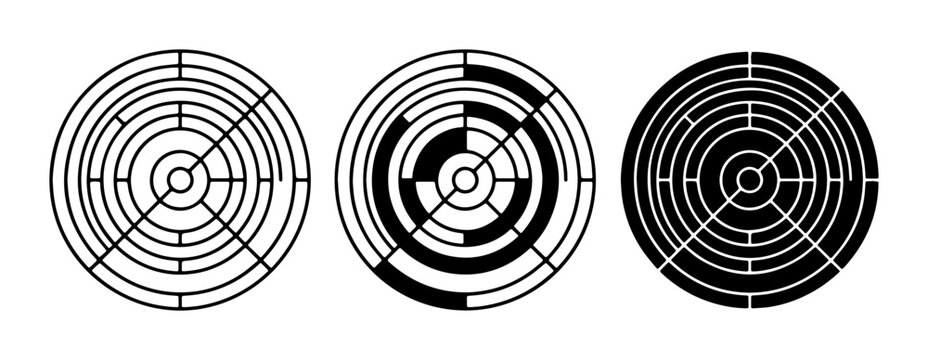 Minimalist circular maze vector set, black and white labyrinth icons, geometric round puzzle design elements for logic games and branding