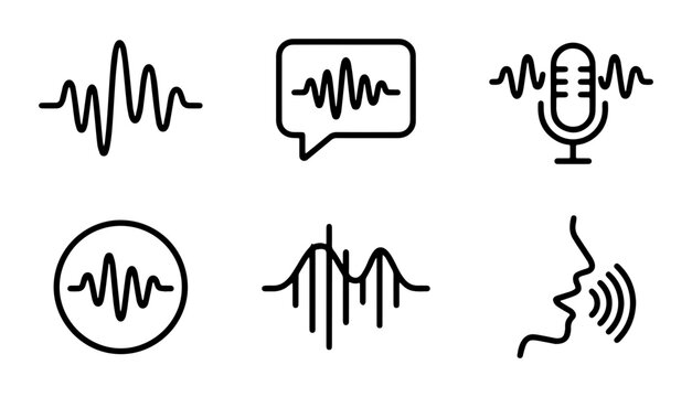 Minimalist voice wave icons set, black line audio frequency symbols, 6 vector elements for podcasting and sound recording apps