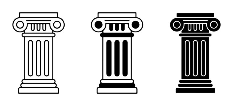 Ancient Greek ionic column icons, classical architectural pillars in line and silhouette styles, set of 3 vector stone column elements for legal and history design