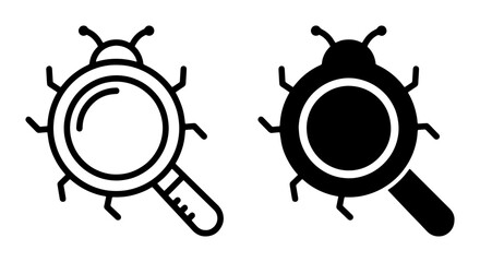Software bug testing icons, magnifying glass and insect symbols for computer programming, debugging and virus scanning vector set © fr
