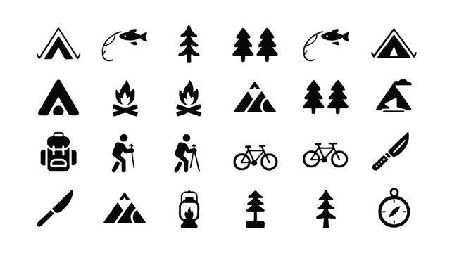 Camping and outdoor adventure icons set for travel and recreation activities