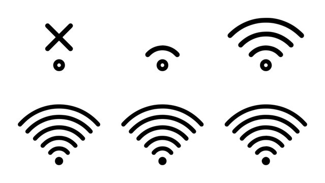 Minimalist wifi signal icon set, wireless internet connection strength symbols, 6 black line vector icons for web and mobile interface design