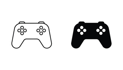 Gaming controller gamepad icon set featuring classic console design in outline and solid black silhouette styles for digital entertainment and esports branding © Echo