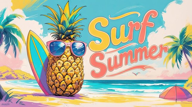 Colorful illustration of a pineapple wearing sunglasses next to a surfboard on a beach with palm trees and a vibrant summer theme