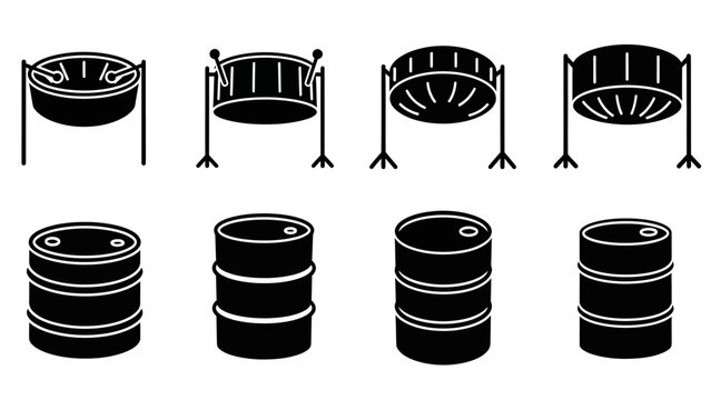Steel Drums and Barrels Icon Set - Percussion Instruments and Industrial Objects