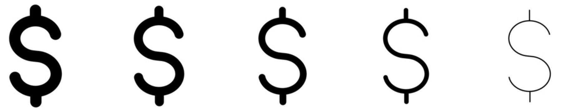 Set of dollar symbol line icons, featured in five different stroke weights. Vector symbols of currency, finance, price, or banking.