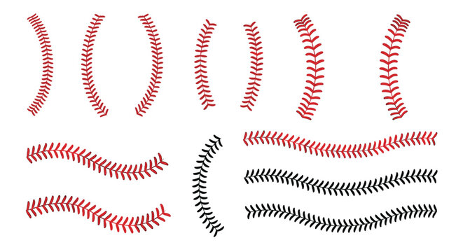 Baseball and softball stitching vector patterns showing various red and black seam designs for sports equipment graphics.
