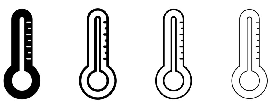 Set of thermometer icons in silhouette and line styles with different stroke weights. Vector symbols for temperature measurement, weather, climate, or health.