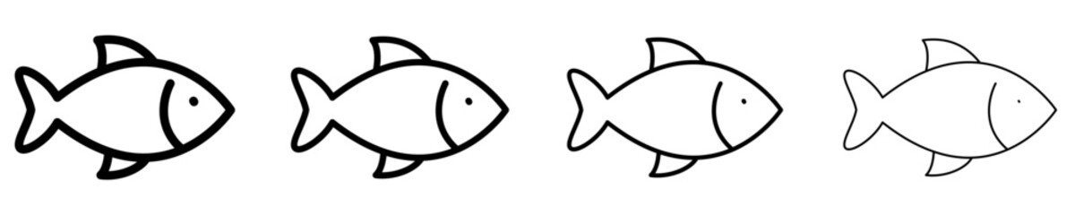 Naklejka na ściany i meble A set of line icons featuring a fish and a sea wave within a circle, shown in four different stroke weights. Vector symbols for seafood, the ocean, fishing, or marine ecology.