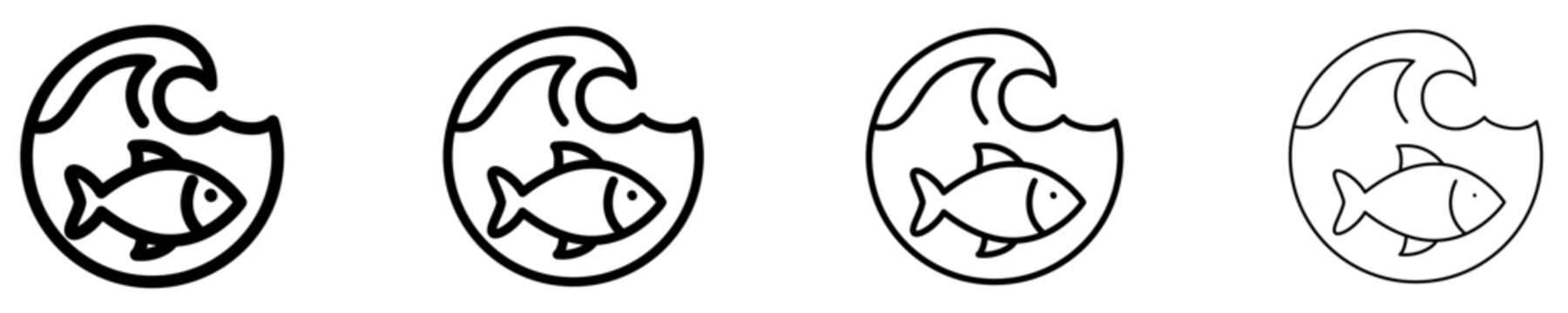 A set of line icons featuring a fish and a sea wave within a circle, shown in four different stroke weights. Vector symbols for seafood, the ocean, fishing, or marine ecology.
