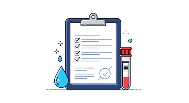 Medical checkup and laboratory test results on a clipboard with a blood sample tube and water drop icons for health monitoring.