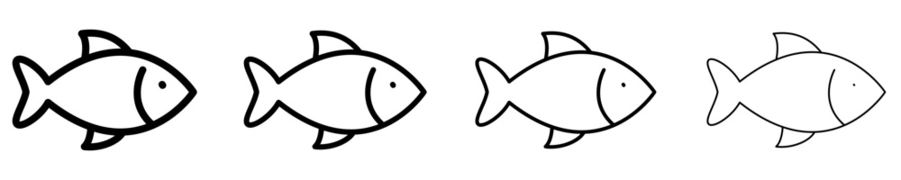 A set of line icons featuring a fish and a sea wave within a circle, shown in four different stroke weights. Vector symbols for seafood, the ocean, fishing, or marine ecology.