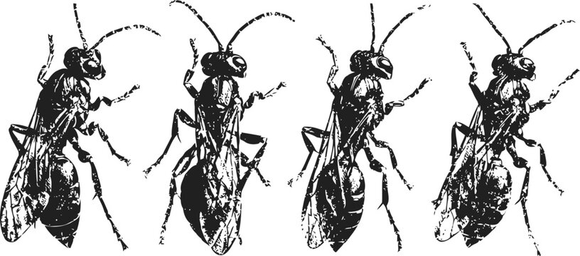 black ink illustration of four wasps in various poses, detailed insect drawing