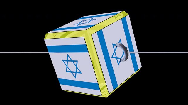 Israel flag cube rotating on axis, 3D national symbol of Israel with Star of David, geometric Israeli flag animation for news and politics isolated on Transparent Background
