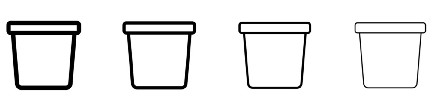 A set of empty trash can or bucket line icons, featured in four different stroke weights. Vector symbols for a container, cleaning, or waste management.