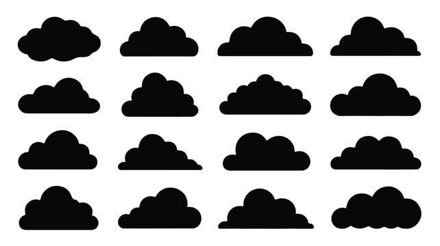 Collection of various black cloud shapes on white background