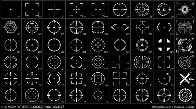Set of various digital target crosshair and scope icons on black background