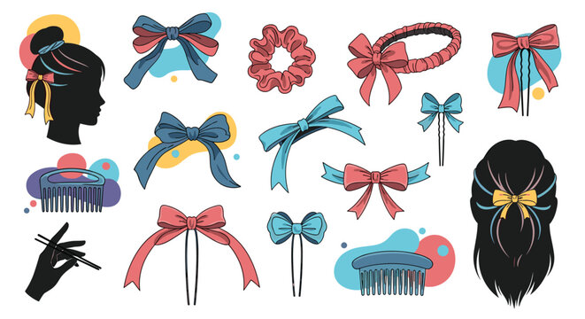Assorted hair accessories for women including colorful bows scrunchies hair pins and combs in a hand drawn vector style.