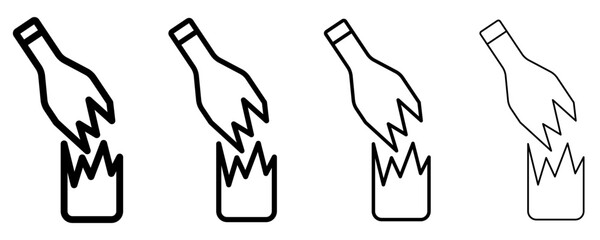 Obraz premium A set of broken glass bottle line icons, featured in four different stroke weights. Vector symbols for fragility, danger, glass waste disposal, or damaged property.