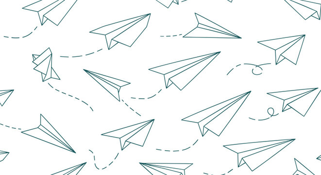 Seamless background pattern of hand drawn paper airplanes flying with dashed lines representing flight paths on white.