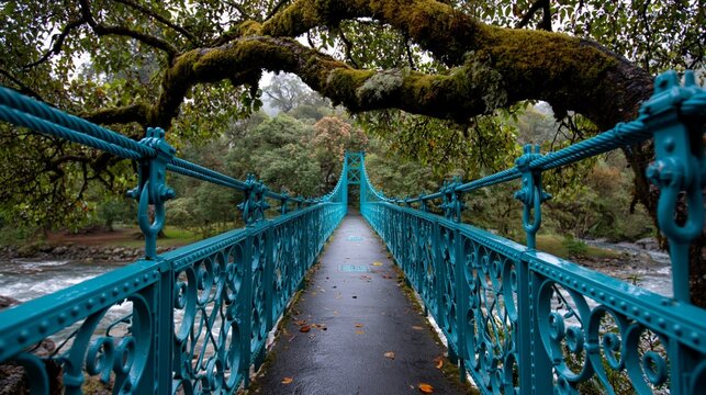 A turquoise suspension bridge spans the river beneath a canopy of moss-covered trees in a misty forest, providing a mysterious backdrop for tales of travel and ancient places.