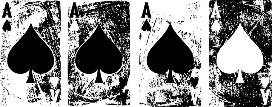Set of four distressed ace of spades playing cards with vintage grunge texture