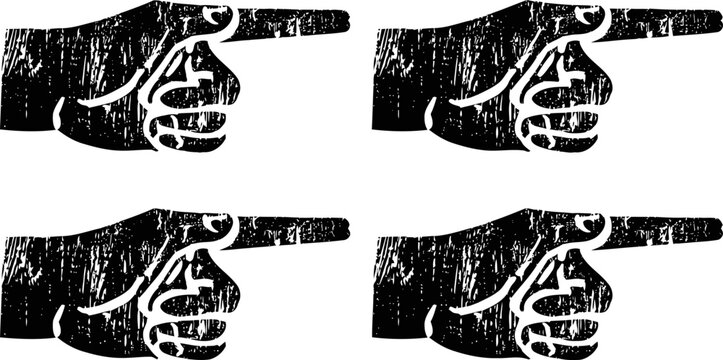 Grunge vintage hand pointing right illustration in black ink, four identical distressed textured hands