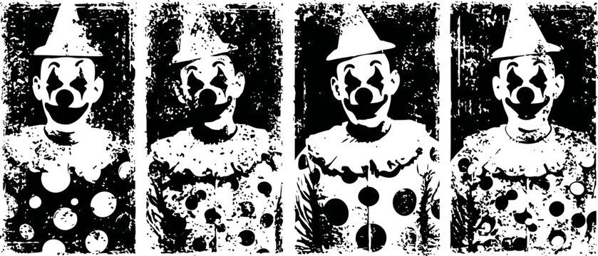 grunge black and white portraits of four clowns in hats and polka dot costumes