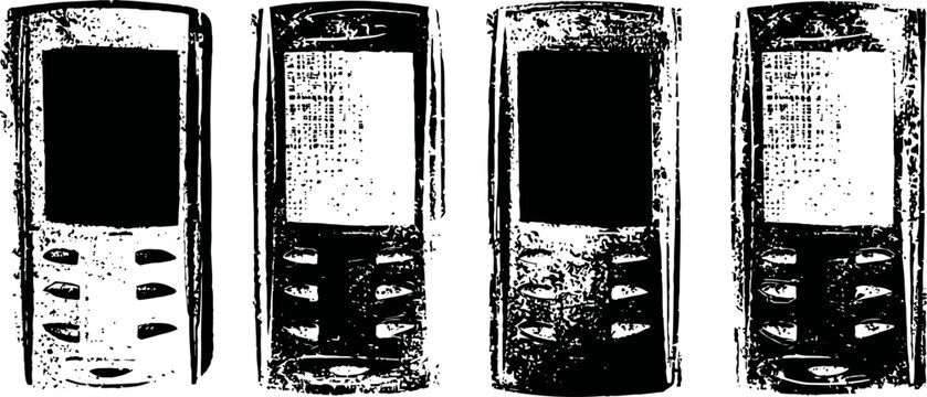 four old mobile phones in vintage black and white grunge illustration