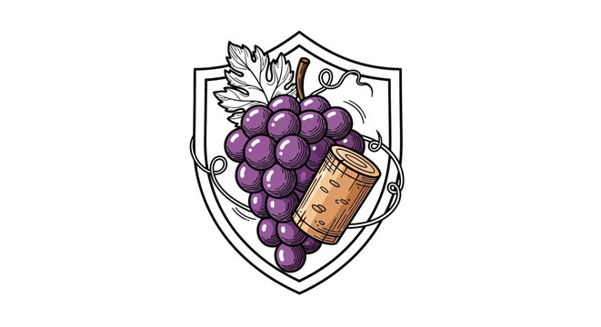 Heraldic Shield Emblem Featuring Ripe Purple Grapes and Wine Cork. EPS Editable. Vector Illustrations.