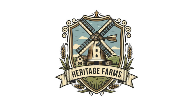 Heritage Farms emblem logo featuring a vintage windmill in a shield. EPS Editable. Vector Illustrations.