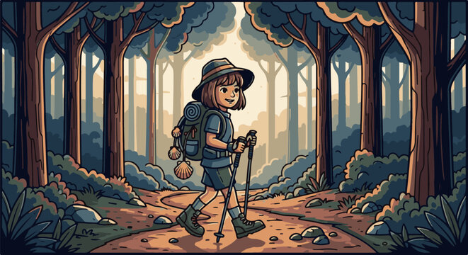 Young hiker with backpack and poles walks through a sunlit pixelated forest