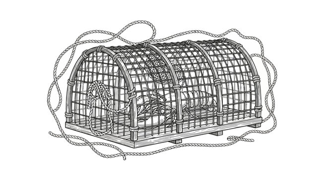 Illustration of a traditional wire lobster trap or pot. EPS Editable. Vector Illustrations.