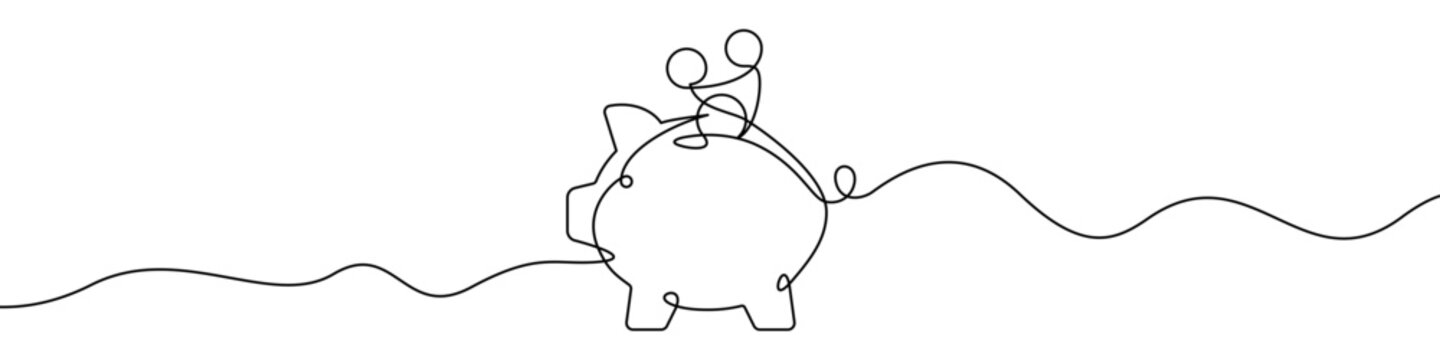 Piggy bank with coins, made in one continuous line. Minimalistic symbol of savings, investment, money accumulation, or financial planning. Vector illustration.