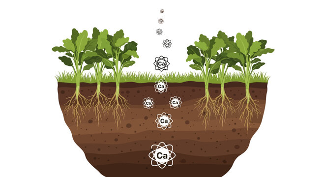 Illustration showing calcium mineral absorption by plant roots in soil. EPS Editable. Vector Illustrations.