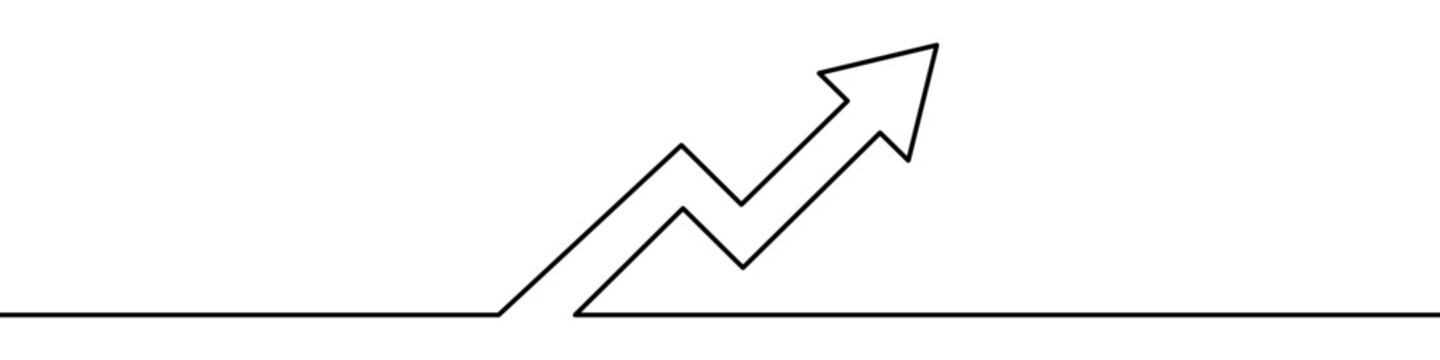 Upward arrow symbolizing growth, made in one continuous line. Minimalistic symbol of progress, business success, profit increase, or positive dynamics. Vector illustration.