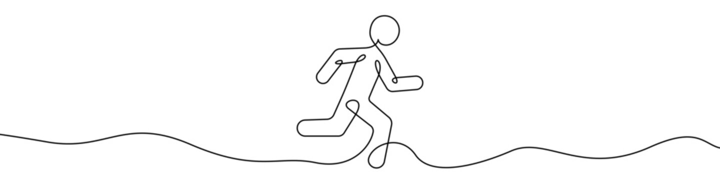 Running person, made in one continuous line. Minimalistic symbol of sport, activity, moving forward, or speed. Vector illustration.