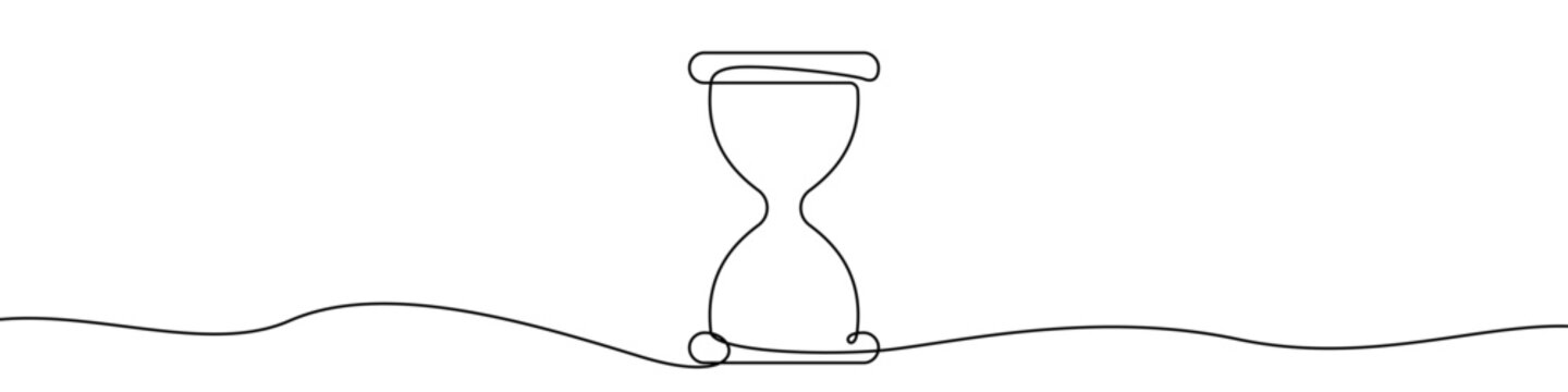 Hourglass, made in one continuous line. Minimalistic symbol of time, waiting, deadline, or infinity. Vector illustration.