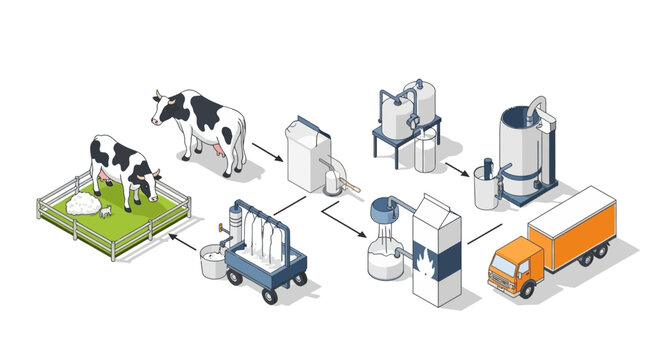 Isometric illustration of the milk production process from farm to delivery truck. EPS Editable. Vector Illustrations.