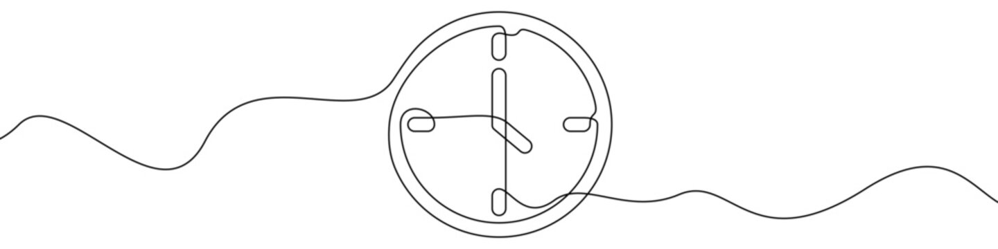 Clock, made in one continuous line. Minimalistic symbol of time, deadline, punctuality, or time management. Vector illustration.